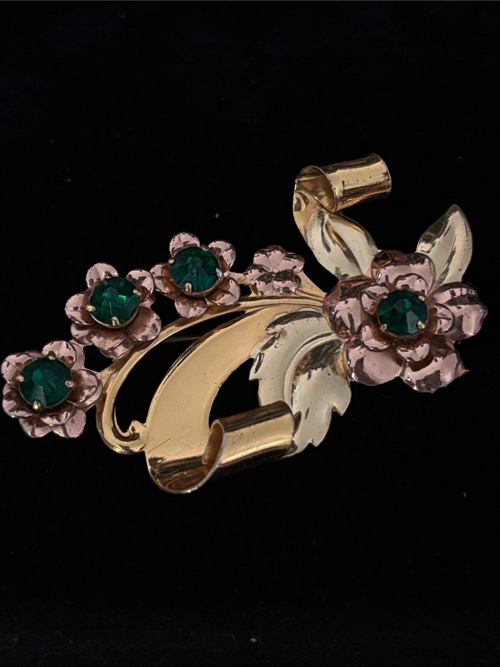 Gold Floral Brooch with Pink Petals and Emerald-Center Stones